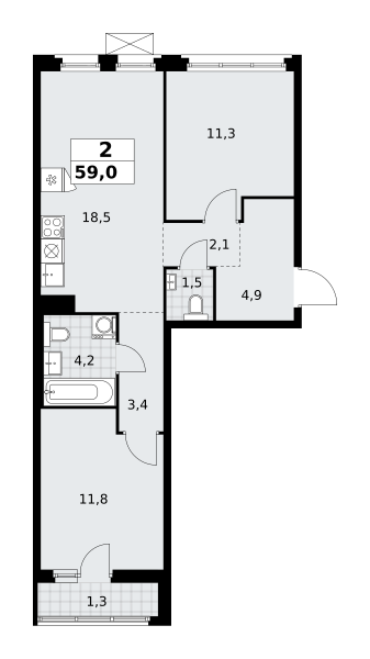 Планировка 2-комнатная квартира в ЖК "Прокшино"