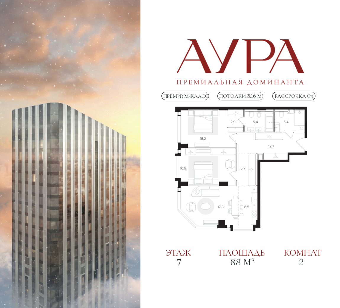 Планировка 2-комнатная квартира в ЖК "АУРА" (Мангазея на Тульской)