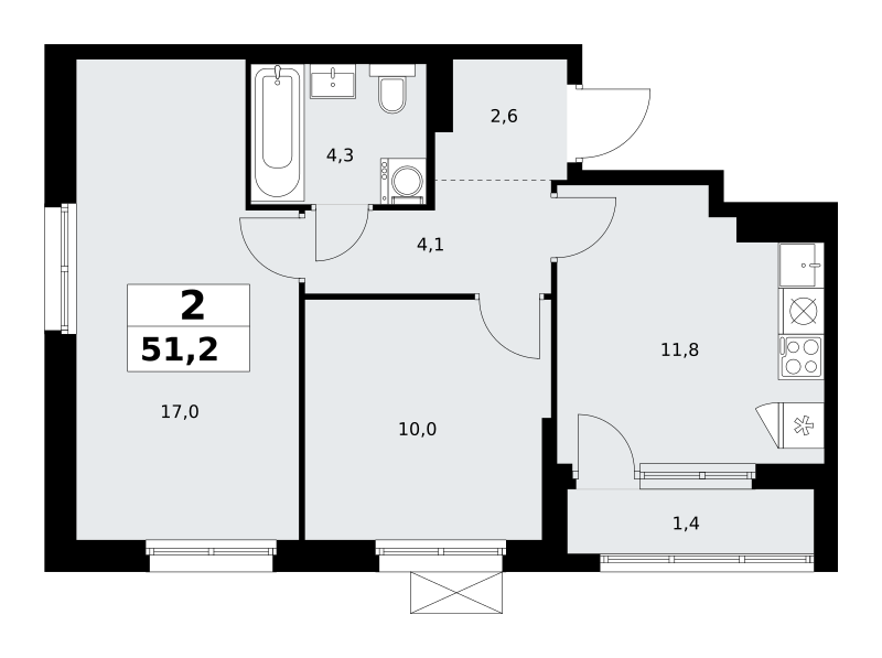 Планировка 2-комнатная квартира в ЖК "Прокшино"