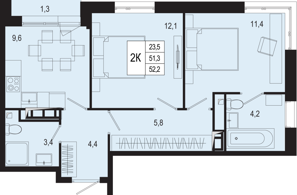 Планировка 2-комнатная квартира в ЖК "Новая Щербинка"