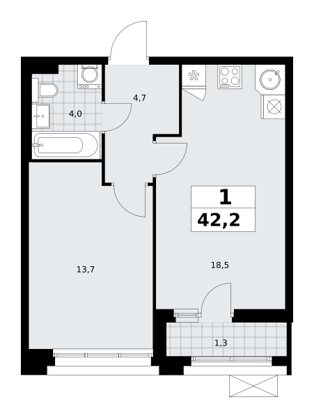 Планировка 1-комнатная квартира в ЖК "Прокшино"