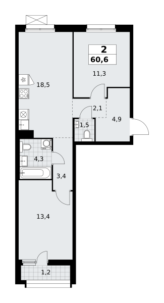 Планировка 2-комнатная квартира в ЖК "Прокшино"