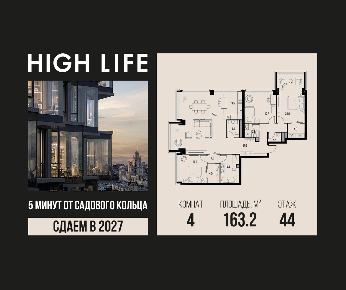 Планировка 4-комнатная квартира в ЖК "Хай Лайф" (High Life)