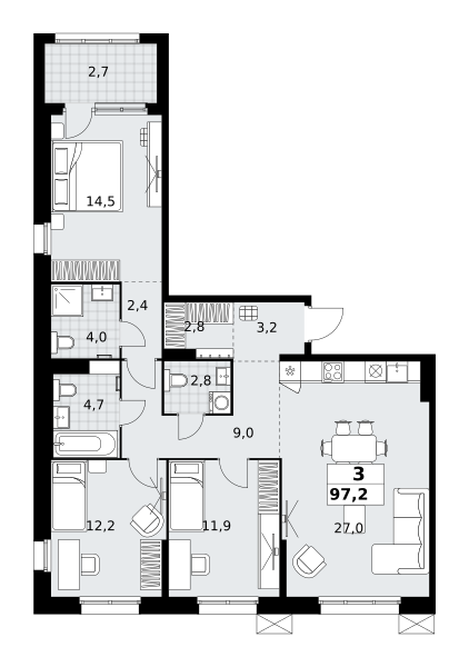 Планировка 3-комнатная квартира в ЖК "Дзен-кварталы"