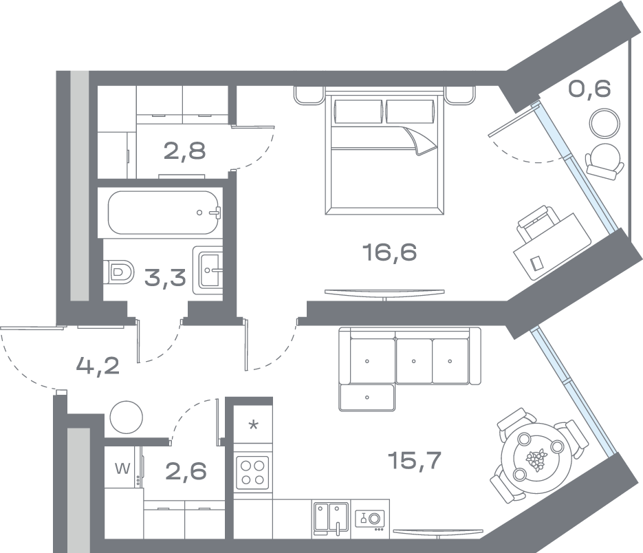 Планировка 1-комнатная квартира в ЖК "Дом Горизонтов"