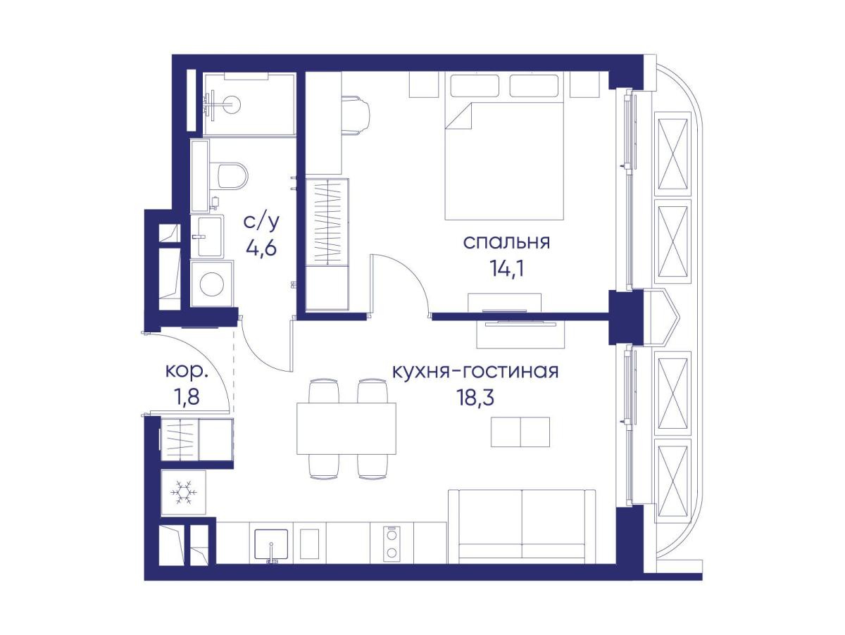 Планировка 1-комнатная квартира в ЖК "Остров"