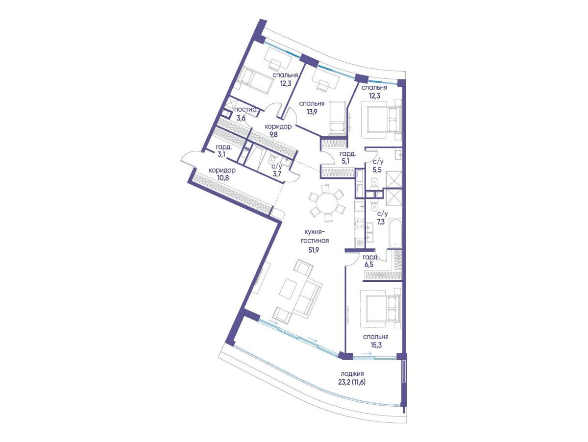 Планировка 5-комнатная квартира в ЖК "Остров"