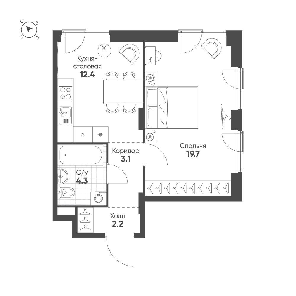 Планировка 1-комнатная квартира в ЖК Shagal (Шагал)