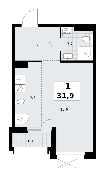 Планировка 1-комнатная квартира в ЖК "Прокшино"