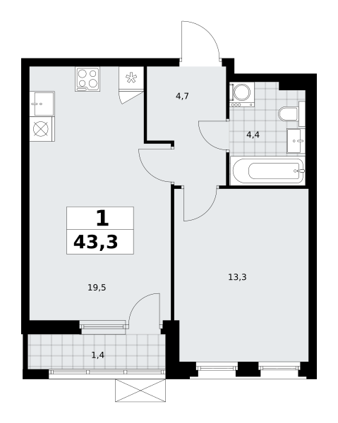 Планировка 1-комнатная квартира в ЖК "Прокшино"