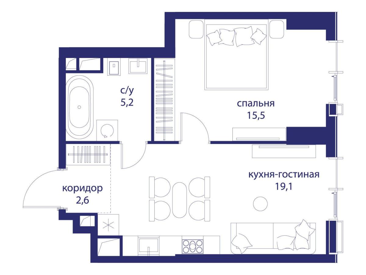 Планировка 1-комнатная квартира в ЖК "Событие"