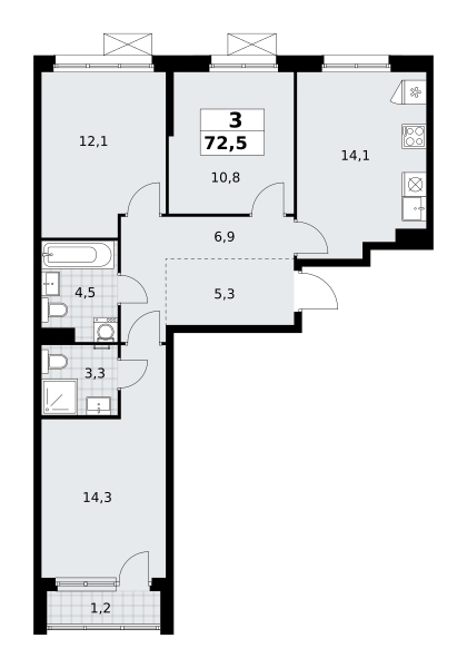 Планировка 3-комнатная квартира в ЖК "Прокшино"
