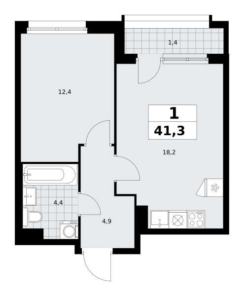 Планировка 1-комнатная квартира в ЖК "Прокшино"