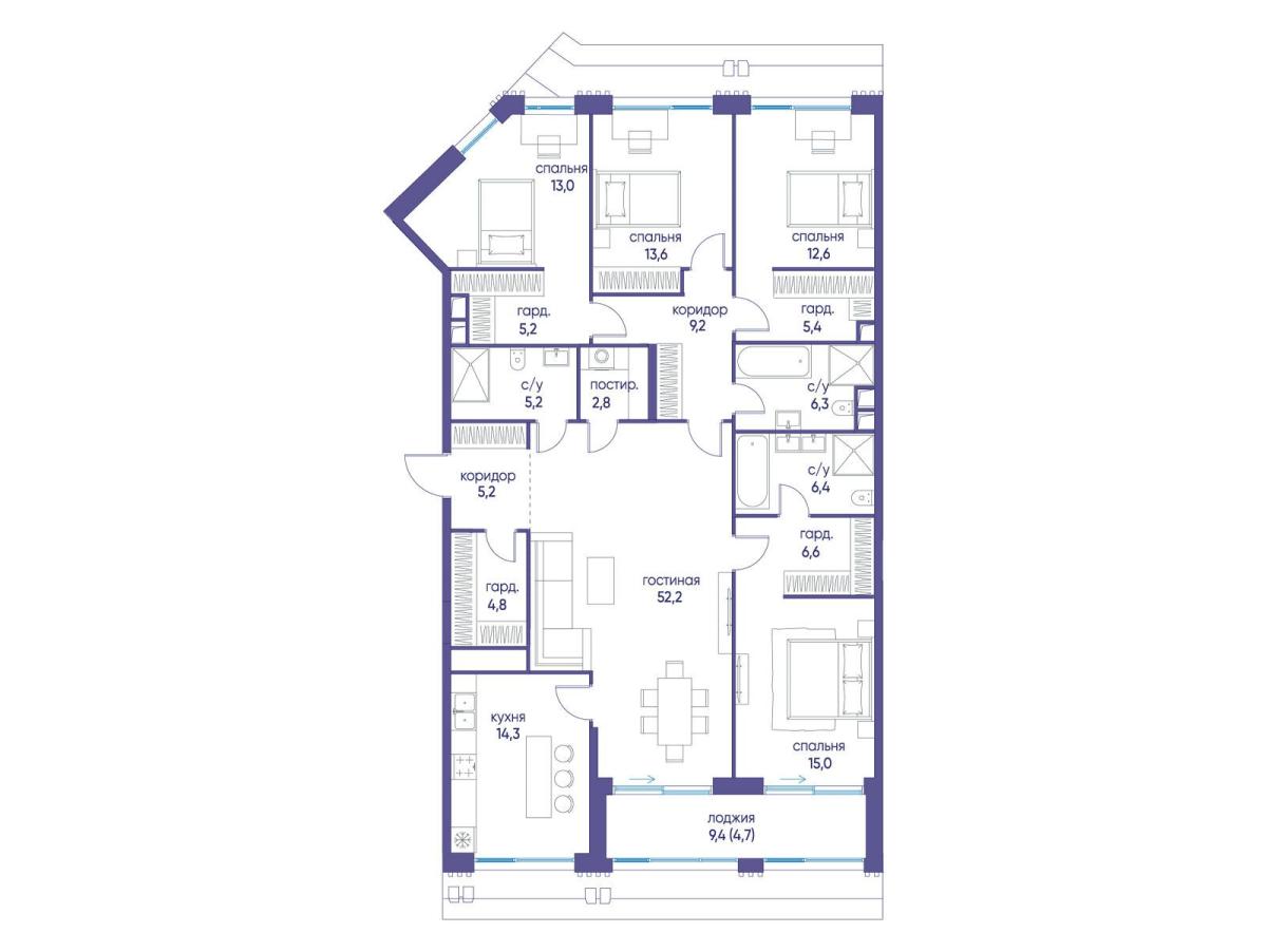 Планировка 5-комнатная квартира в ЖК "Остров"