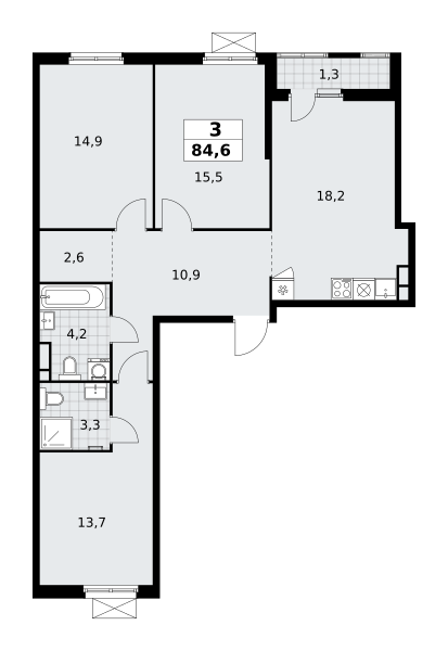 Планировка 3-комнатная квартира в ЖК "Южные Сады"