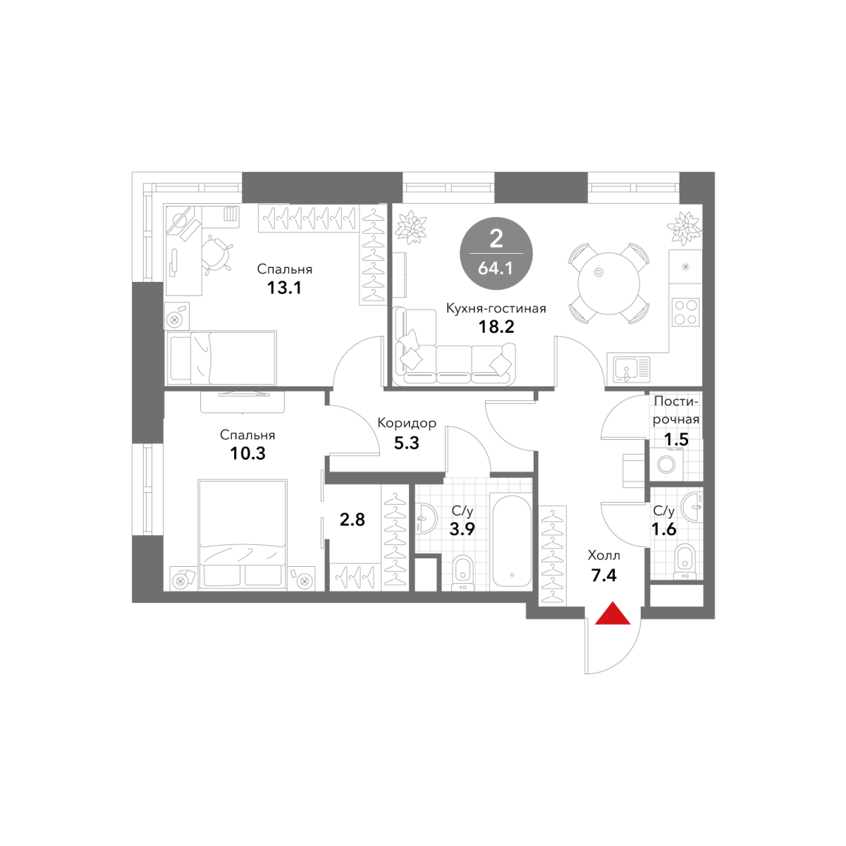 Планировка 2-комнатная квартира в ЖК Voxhall (Воксхолл)
