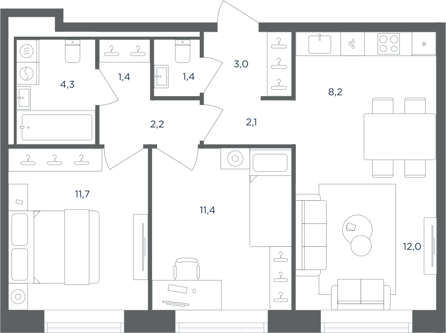 Планировка 3-комнатная квартира в ЖК "Равновесие"