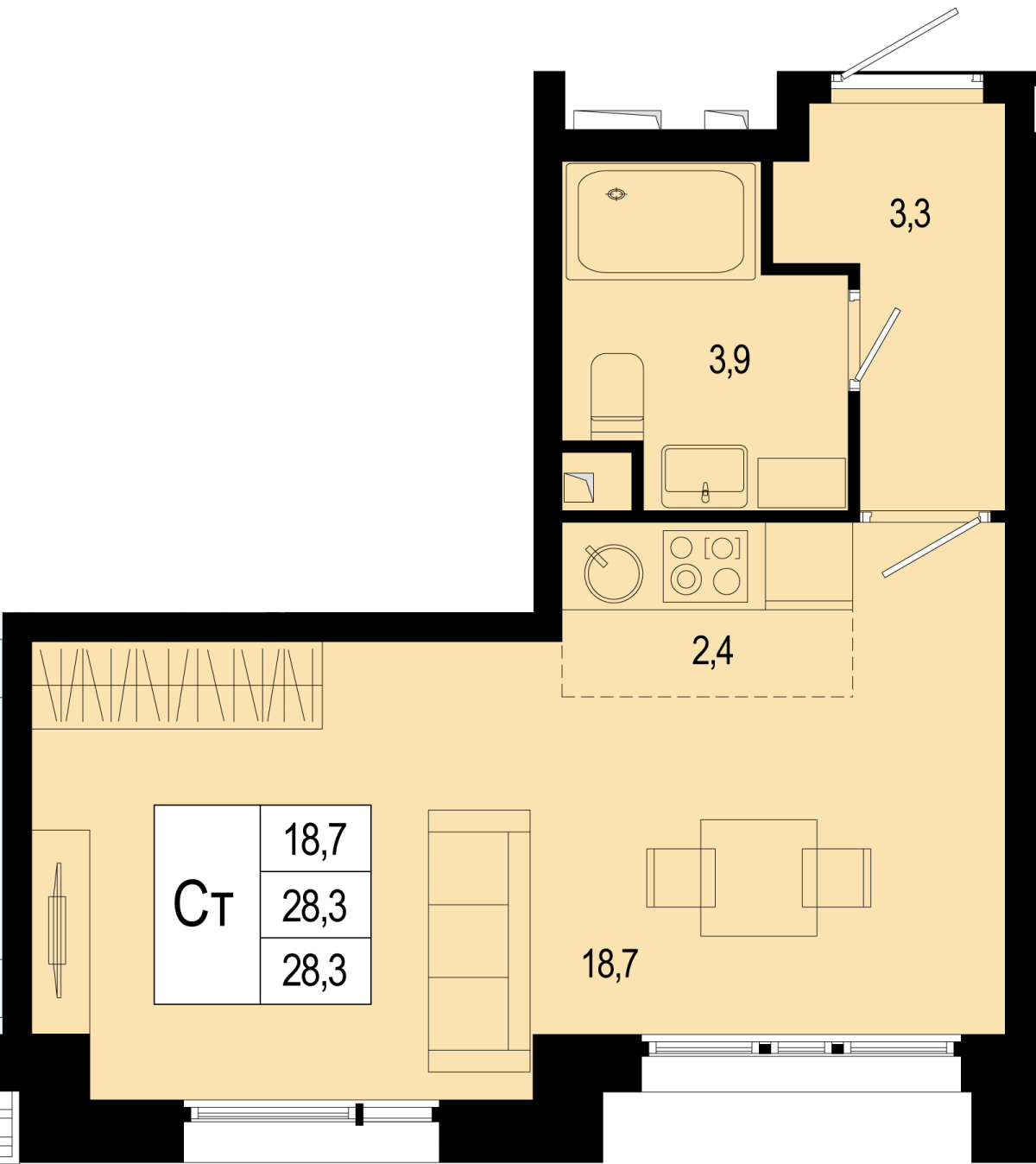Планировка Студийная планировка в ЖК "Новая Щербинка"