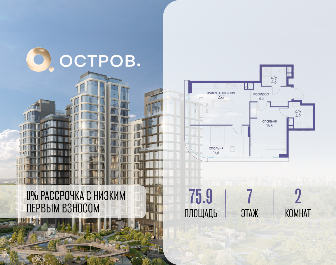 Планировка 2-комнатная квартира в ЖК "Остров"