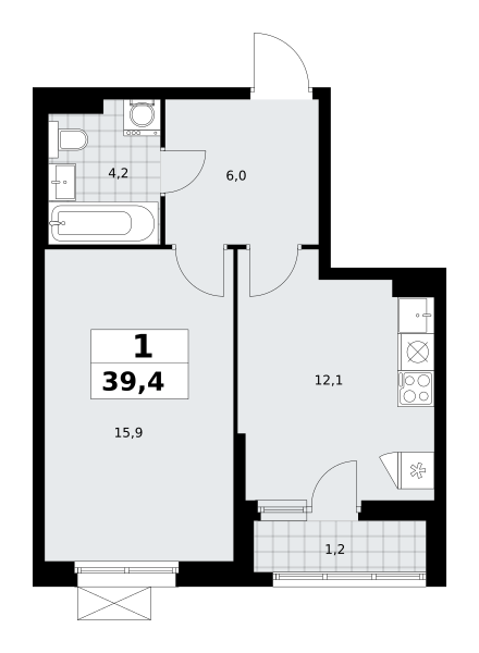 Планировка 1-комнатная квартира в ЖК "Прокшино"