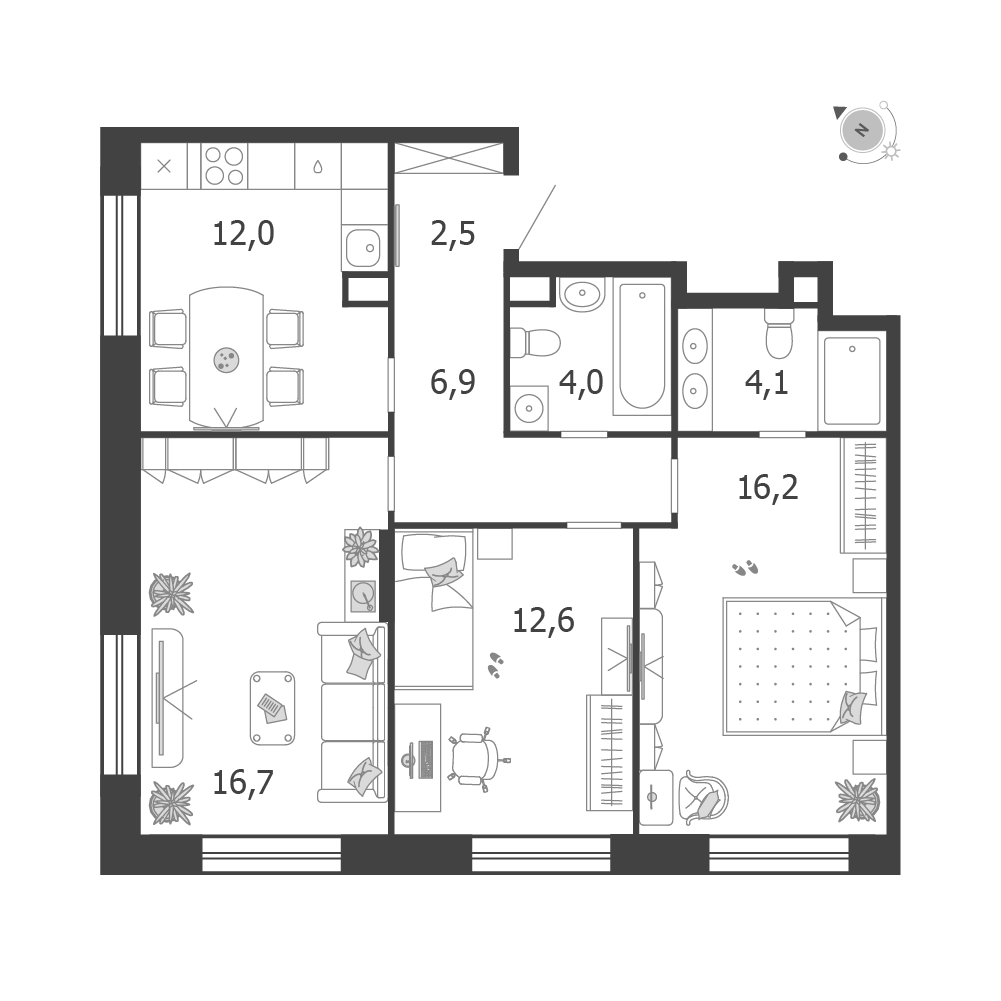 Планировка 3-комнатная квартира в ЖК Shagal (Шагал)