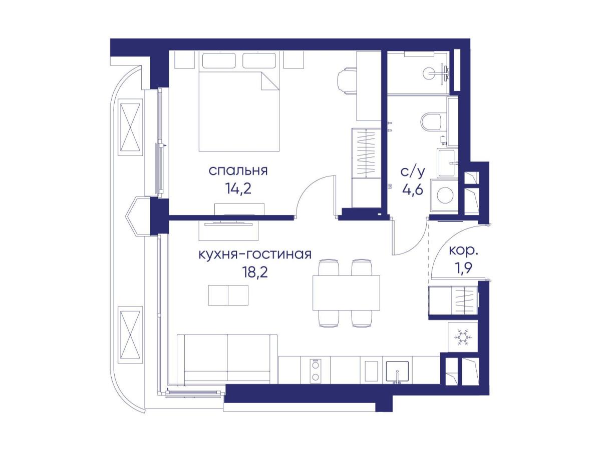 Планировка 1-комнатная квартира в ЖК "Остров"