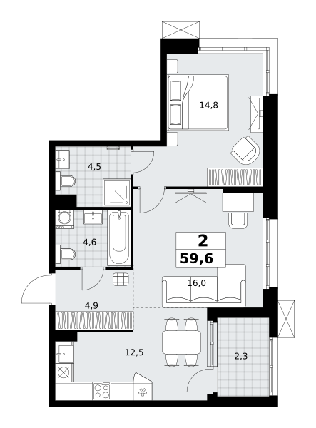 Планировка 2-комнатная квартира в ЖК "Дзен-кварталы"