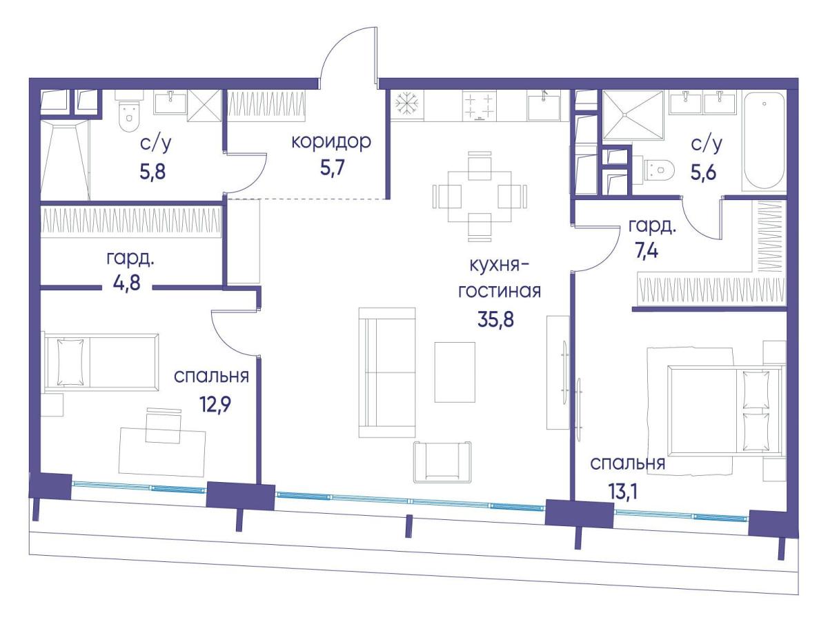 Планировка 2-комнатная квартира в ЖК "Остров"