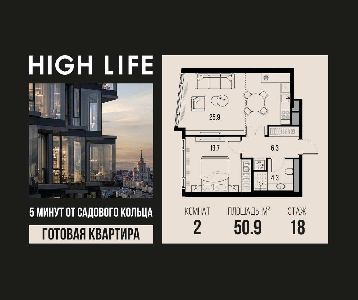 Планировка 2-комнатная квартира в ЖК "Хай Лайф" (High Life)