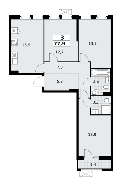 Планировка 3-комнатная квартира в ЖК "Прокшино"