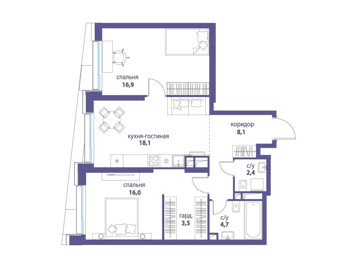 Планировка 2-комнатная квартира в ЖК "Символ"