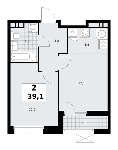 Планировка 2-комнатная квартира в ЖК "Бунинские Кварталы"