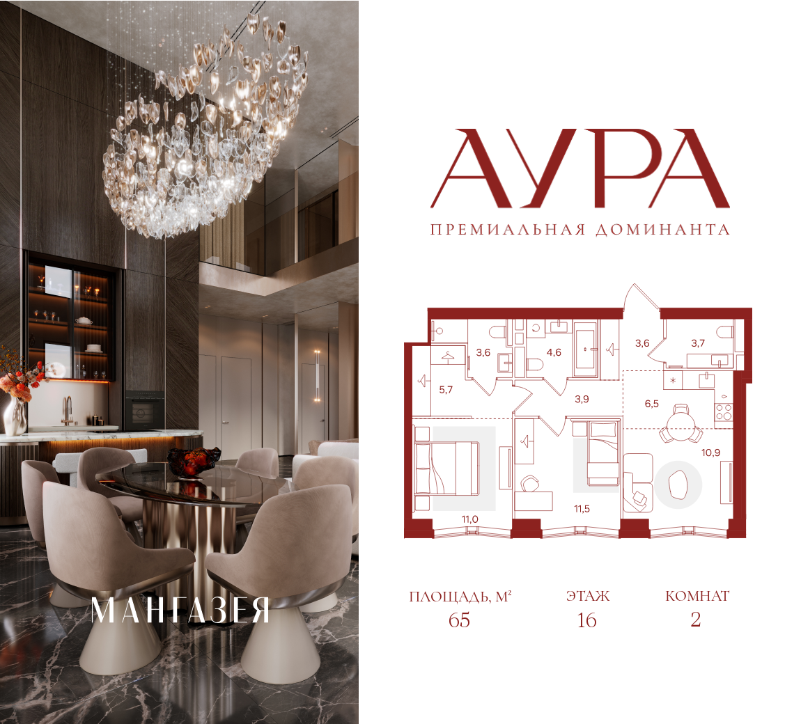 Планировка 2-комнатная квартира в ЖК "АУРА" (Мангазея на Тульской)