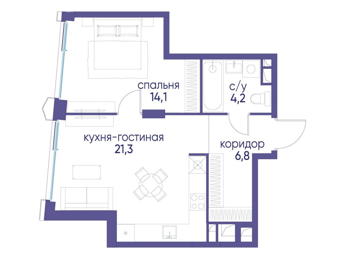 Планировка 1-комнатная квартира в ЖК "Остров"