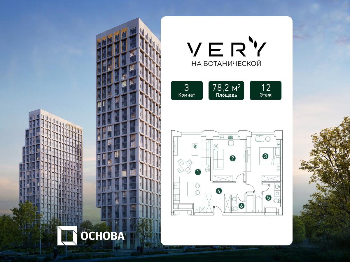 Планировка 3-комнатная квартира в ЖК "VERY на Ботанической"