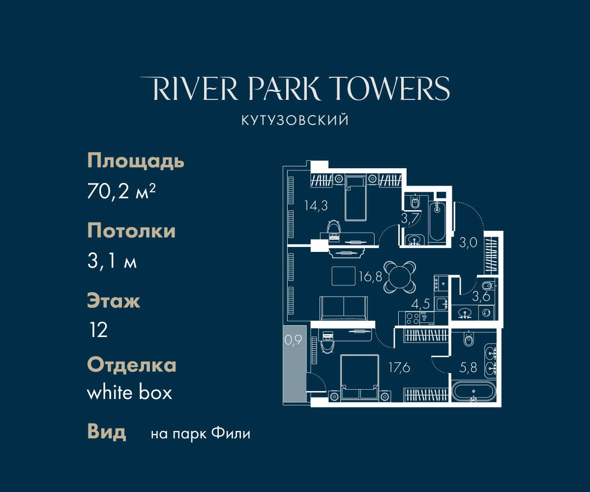 Планировка 2-комнатная квартира в ЖК "River Park Кутузовский" (Ривер парк Кутузовский)