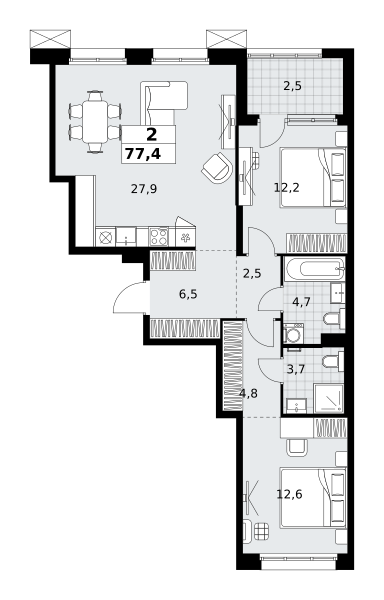 Планировка 2-комнатная квартира в ЖК "Дзен-кварталы"
