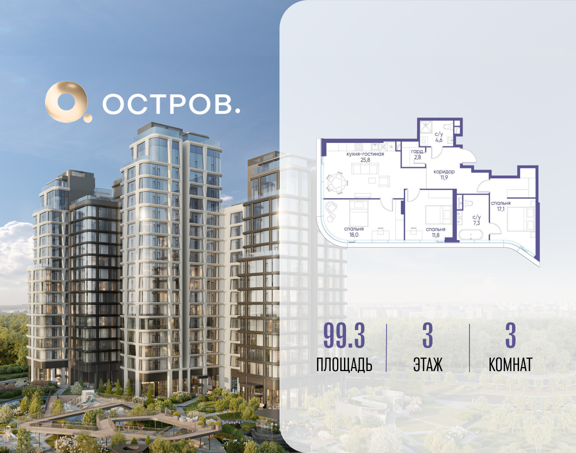 Планировка 3-комнатная квартира в ЖК "Остров"