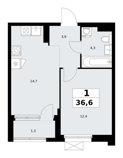 Планировка 1-комнатная квартира в ЖК "Прокшино"