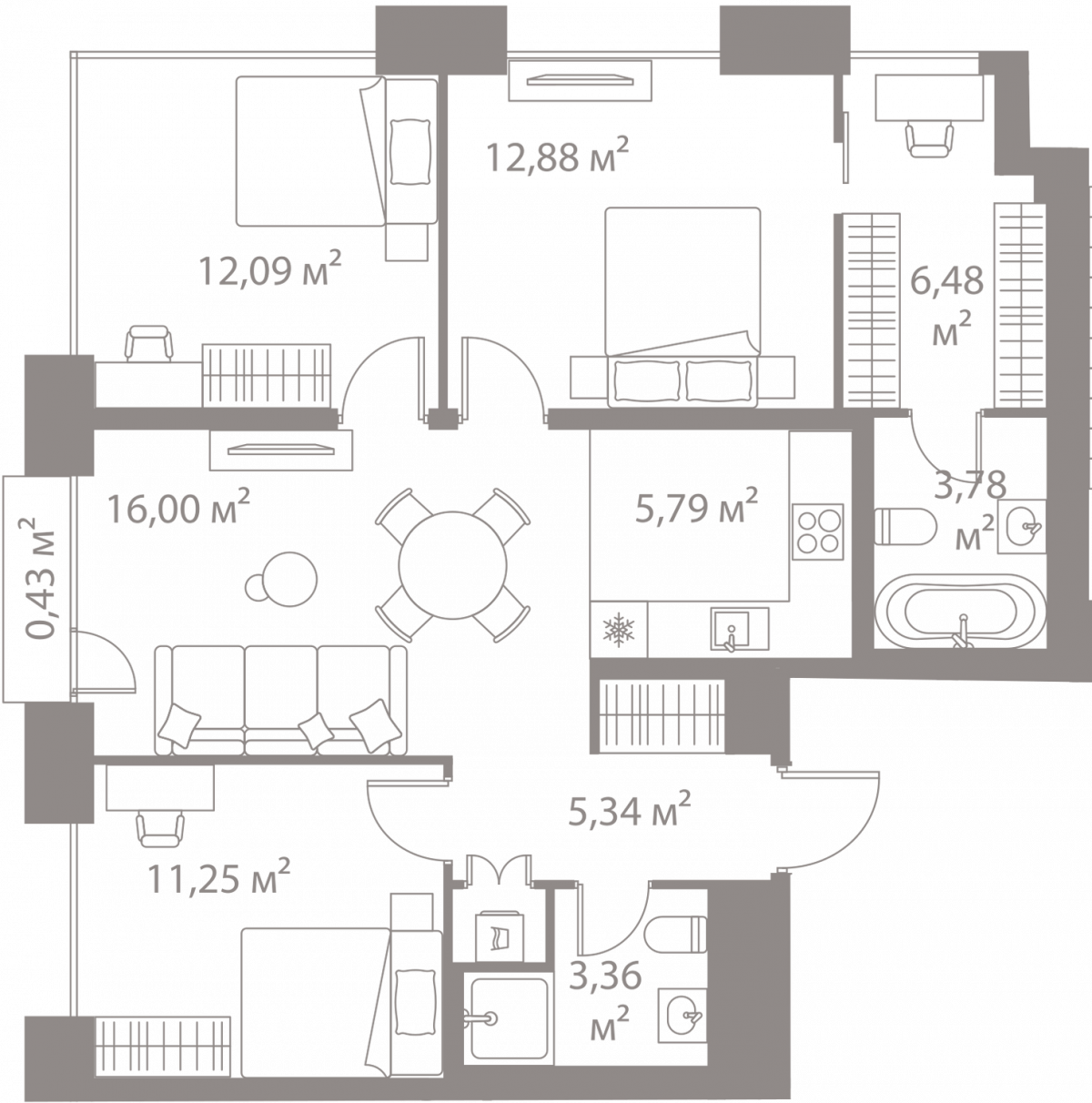Планировка 3-комнатная квартира в Жилой квартал "Лайф Варшавская" (LIFE Варшавская)