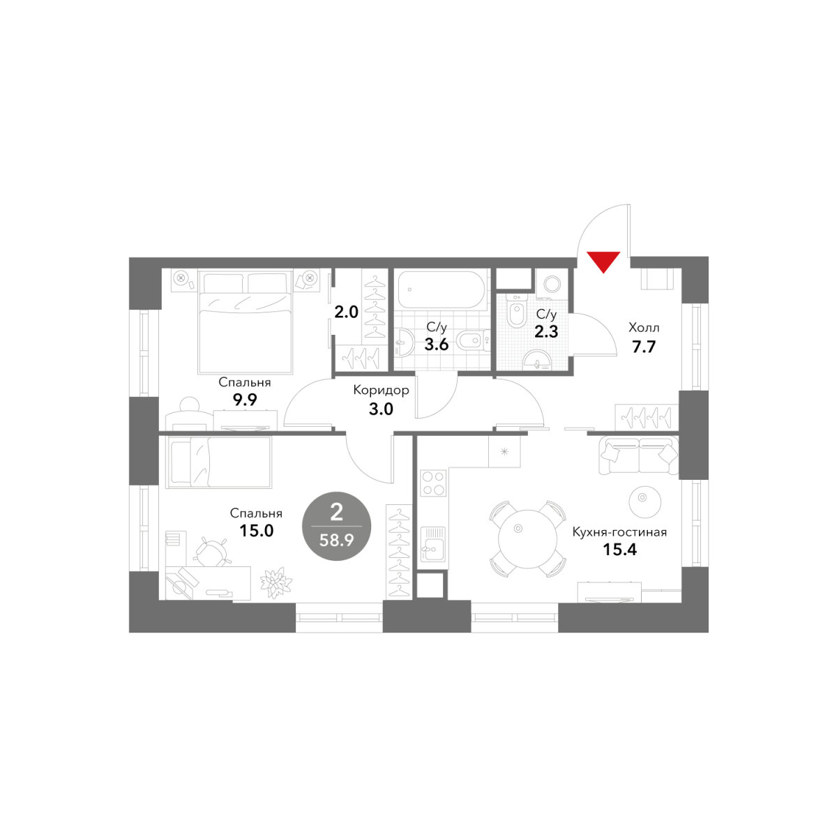 Планировка 2-комнатная квартира в ЖК Voxhall (Воксхолл)