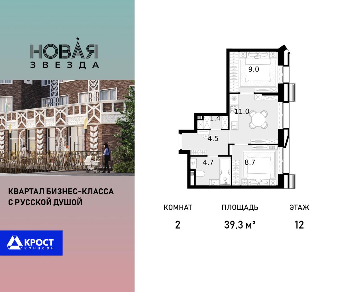 Планировка 2-комнатная квартира в ЖК "Новая Звезда" (Сосенское)