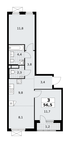 Планировка 3-комнатная квартира в ЖК "Прокшино"