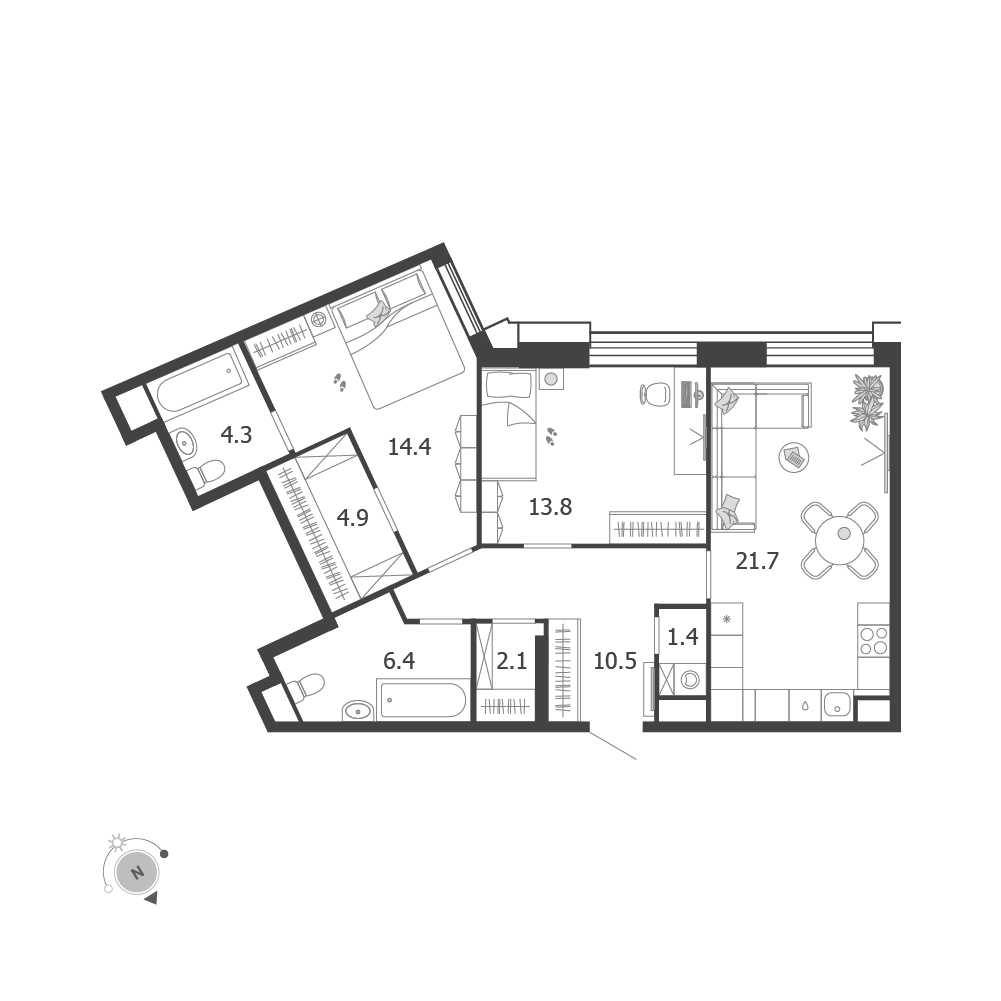 Планировка 2-комнатная квартира в ЖК Voxhall (Воксхолл)