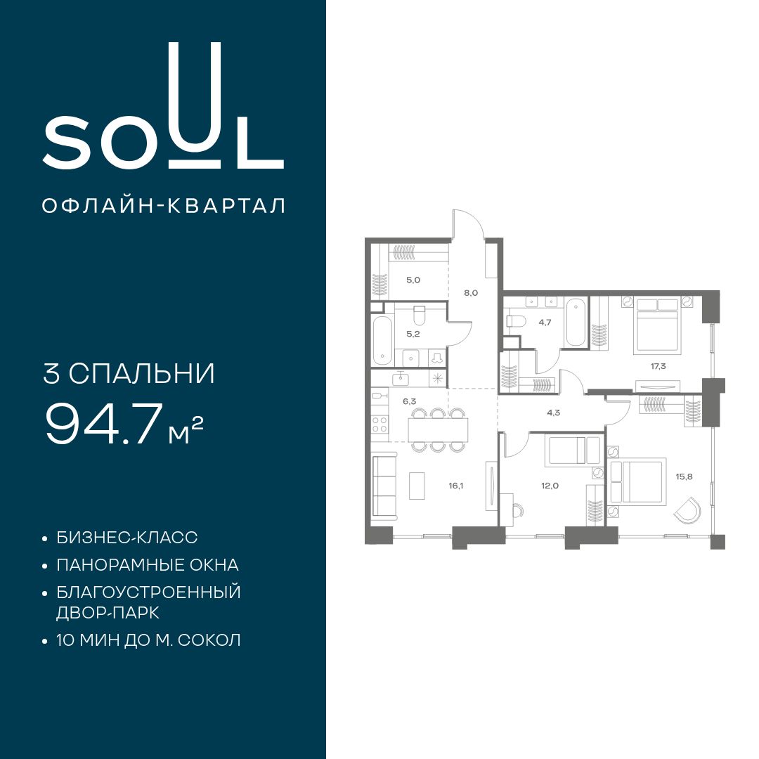 Планировка 3-комнатная квартира в ЖК Soul (Соул)