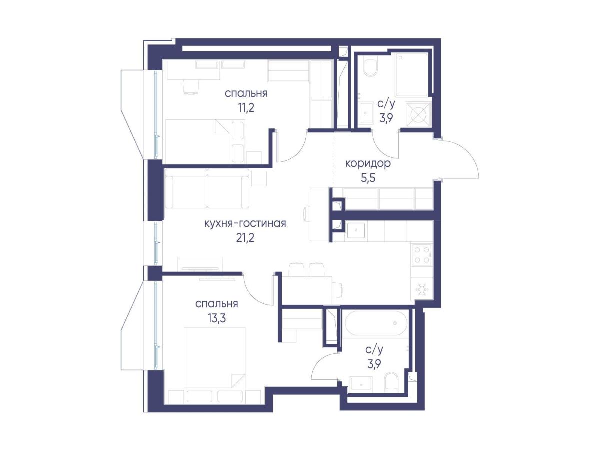 Планировка 2-комнатная квартира в ЖК "Символ"