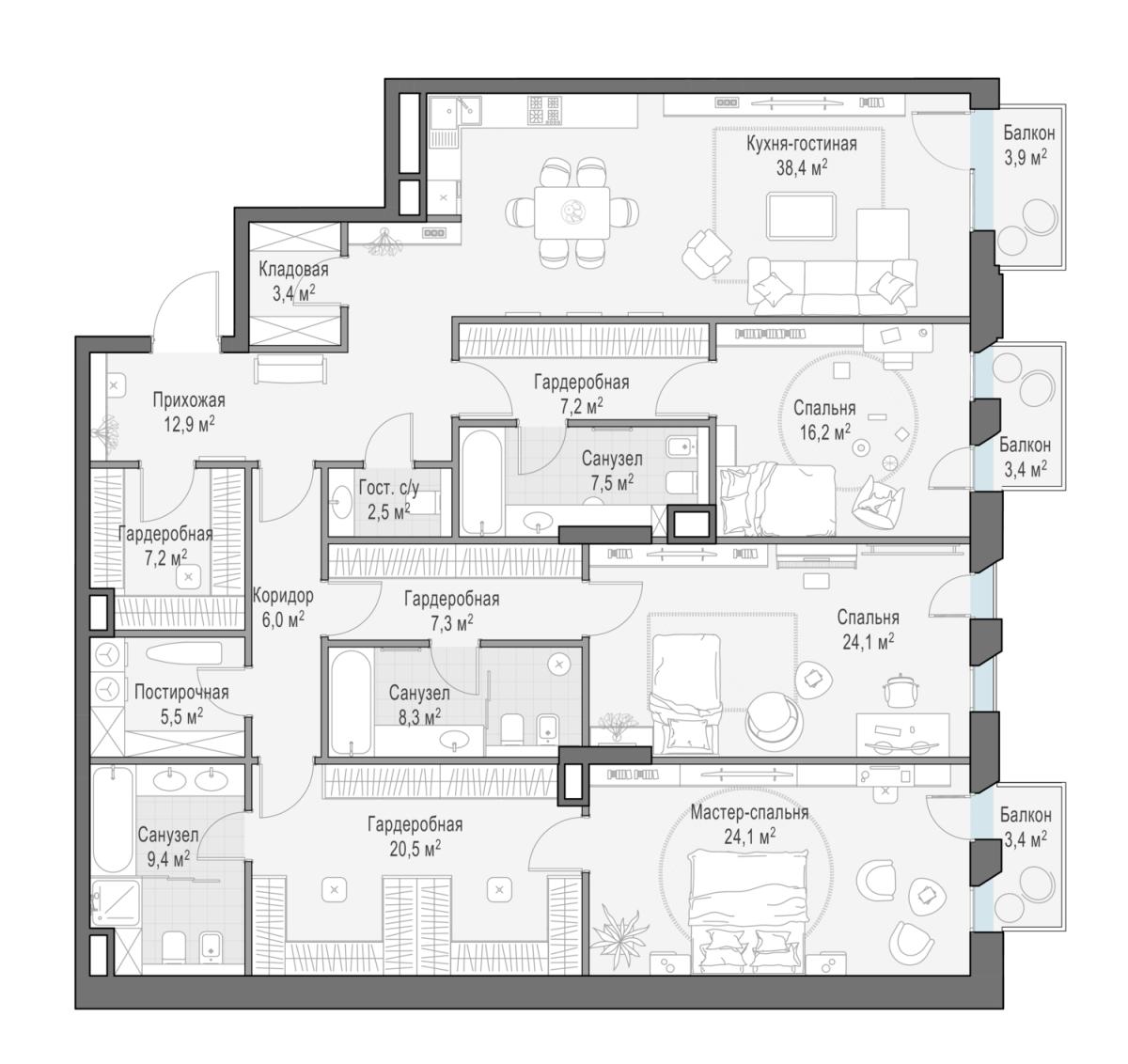 Планировка 3-комнатная квартира в Клубный дом "Обыденский № 1"