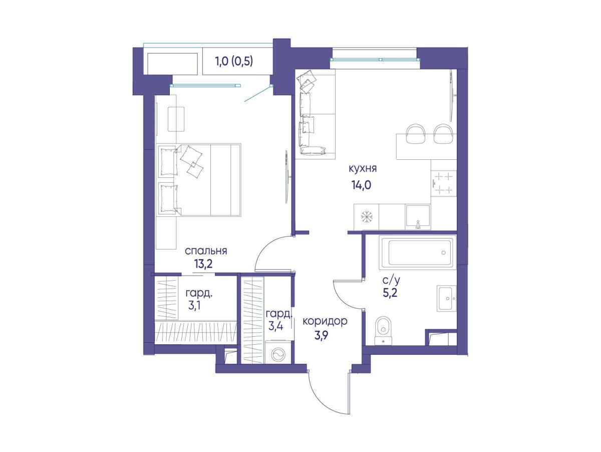 Планировка 1-комнатная квартира в ЖК "Остров"
