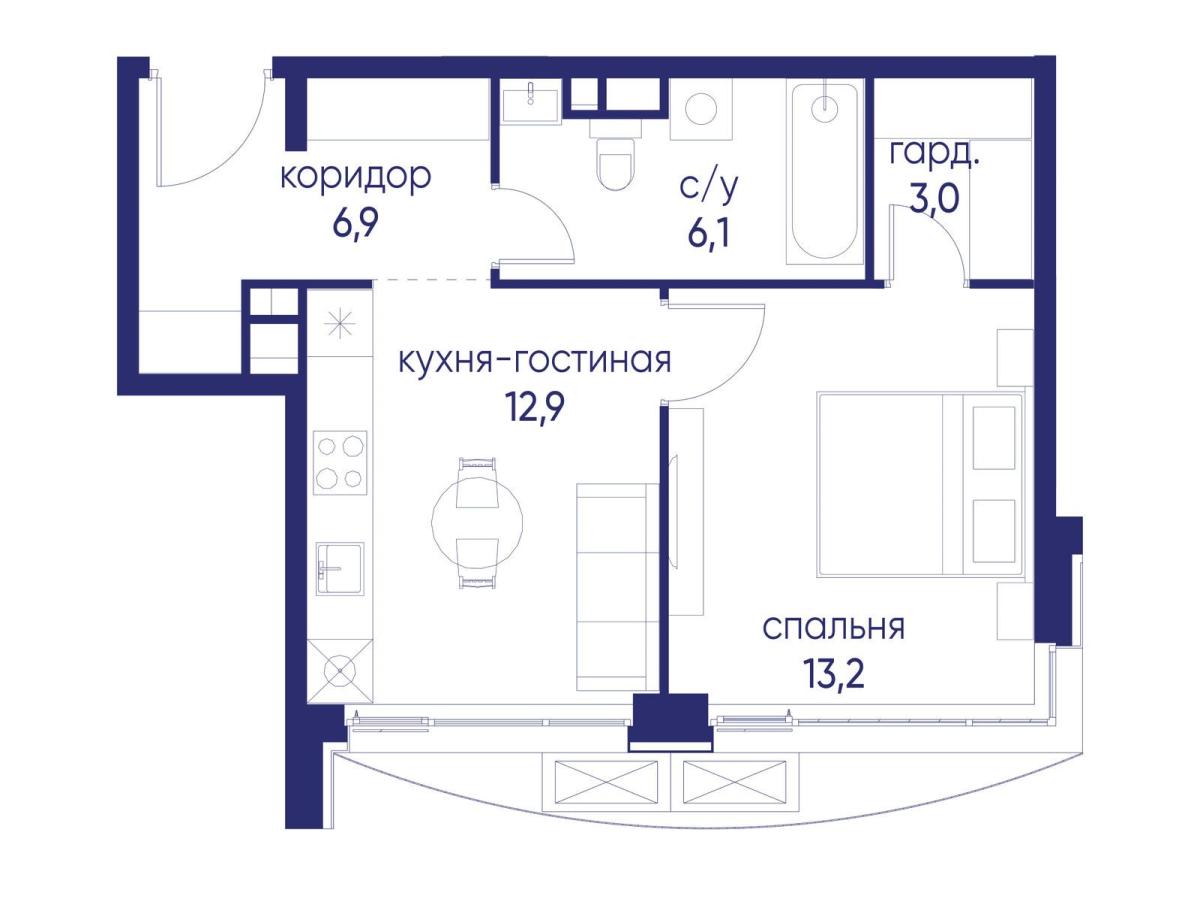 Планировка 1-комнатная квартира в ЖК "Остров"