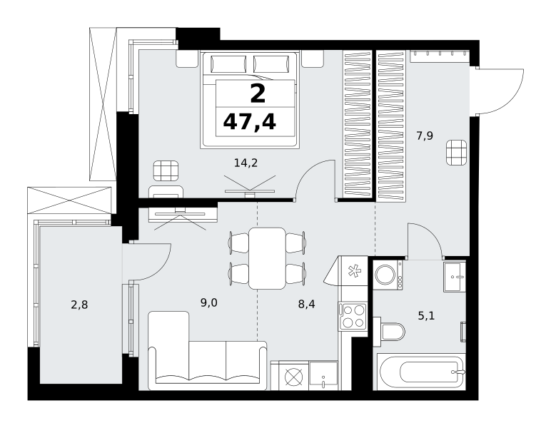 Планировка 2-комнатная квартира в ЖК "Дзен-кварталы"